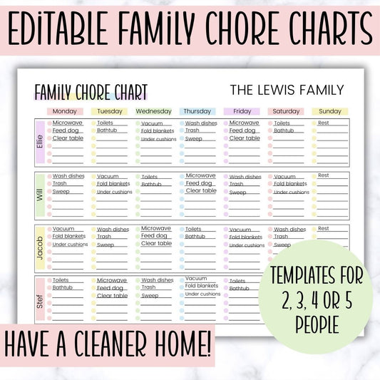 editable family chore charts for large family