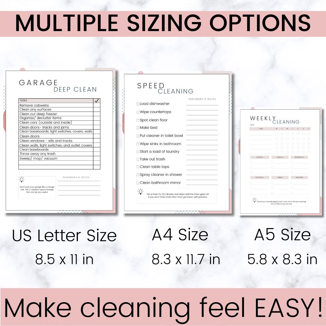 adhd cleaning list available in us letter size, a4 size, and a5 size